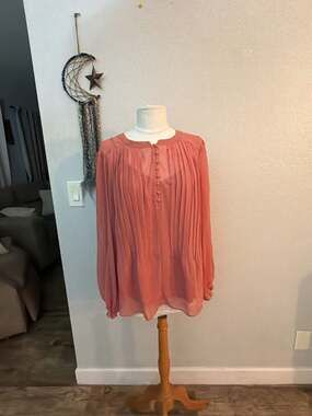 Simply Vera Vera Wang Women's Pink Pleated Sheer Long Sleeve Blouse XL